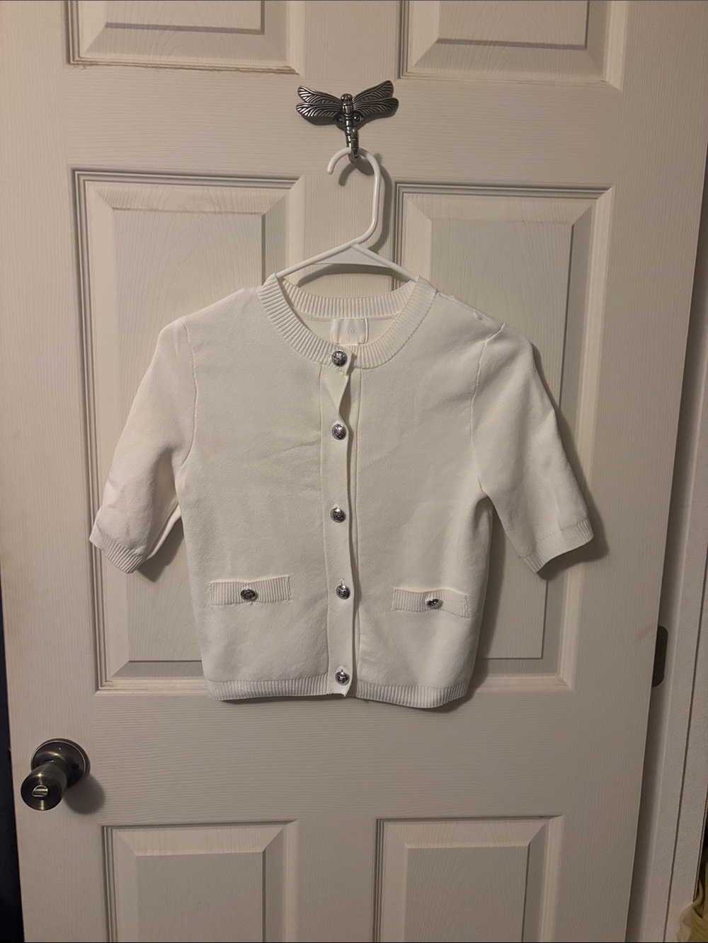 H&M Cream Short-Sleeve Knit Cardigan with Decorative Buttons